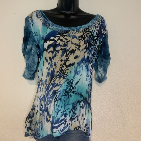 ALBERTO MAKALI Blue Art-to-Wear Mixed Media s/s Top Size L Sequin Crinkle - Picture 11 of 13